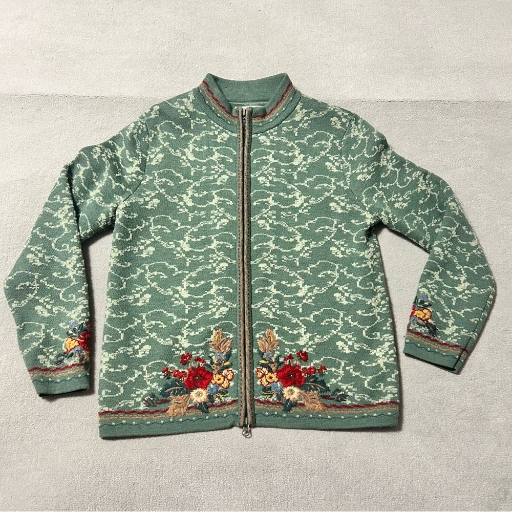 Vintage Pendleton Green Floral Embroidered Wool Blend Full-zip Sweater - Size SP